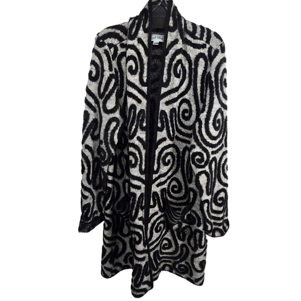 Joseph Ribkoff Swirl Long Cardigan Sweater Black Gray Abstract Fuzzy Size XXL